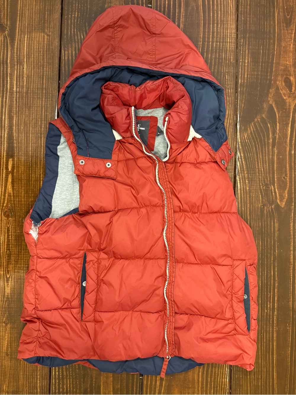 H&M Red Hooded Puffer Vest with Navy Trim